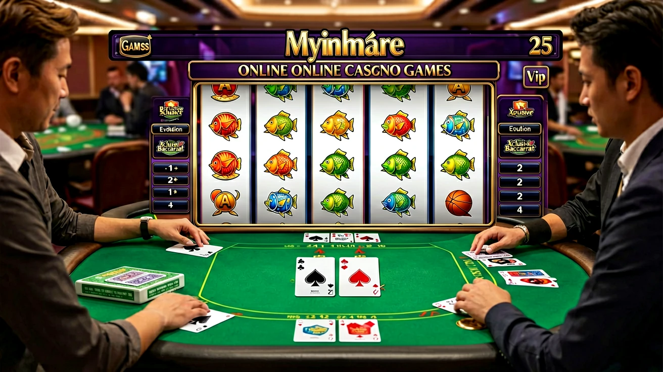 ကတ်စားပွဲတွင် ထိုင်နေသည့် ကစားသမားနှစ်ဦးနှင့် ငါးသင်္ကေတများ ပြည့်နေသည့် reel မျက်နှာပြင်