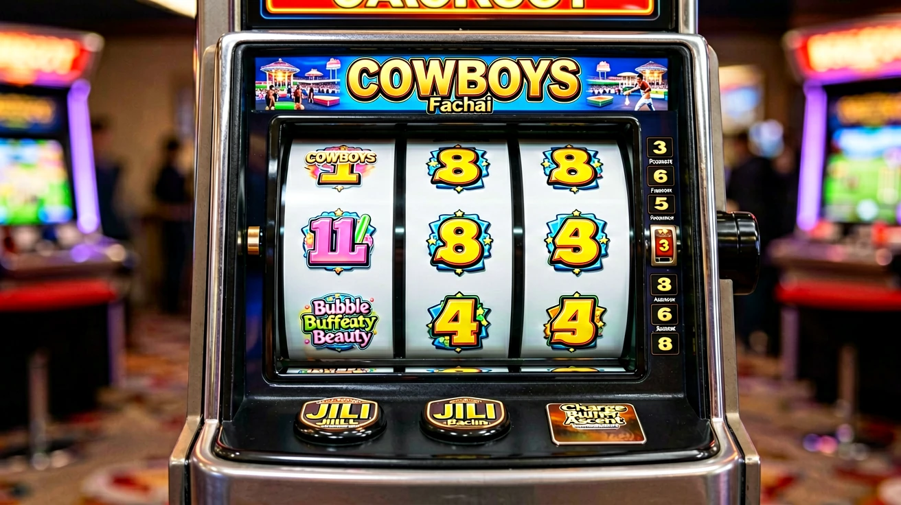 COWBOYS စလော့၏ ရီလ်တွင် ၈၊ ၄ နှင့် ၁၁ ဂဏန်းသင်္ကေတများ၊ ဘေးဘက်တွင် လောင်းကြေးတန်ဖိုးစာရင်းနှင့် အောက်ဘက်ရှိ ခလုတ်များ