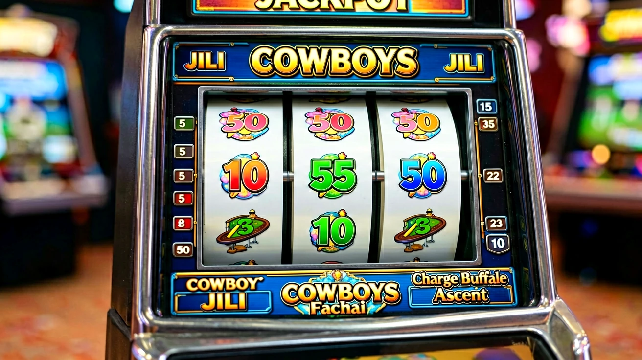 COWBOYS စလော့၏ ရီလ်သုံးခုတွင် ရောင်စုံဂဏန်းသင်္ကေတများနှင့် ဘေးဘက်ရှိ လောင်းကြေးဂဏန်းတန်းများ