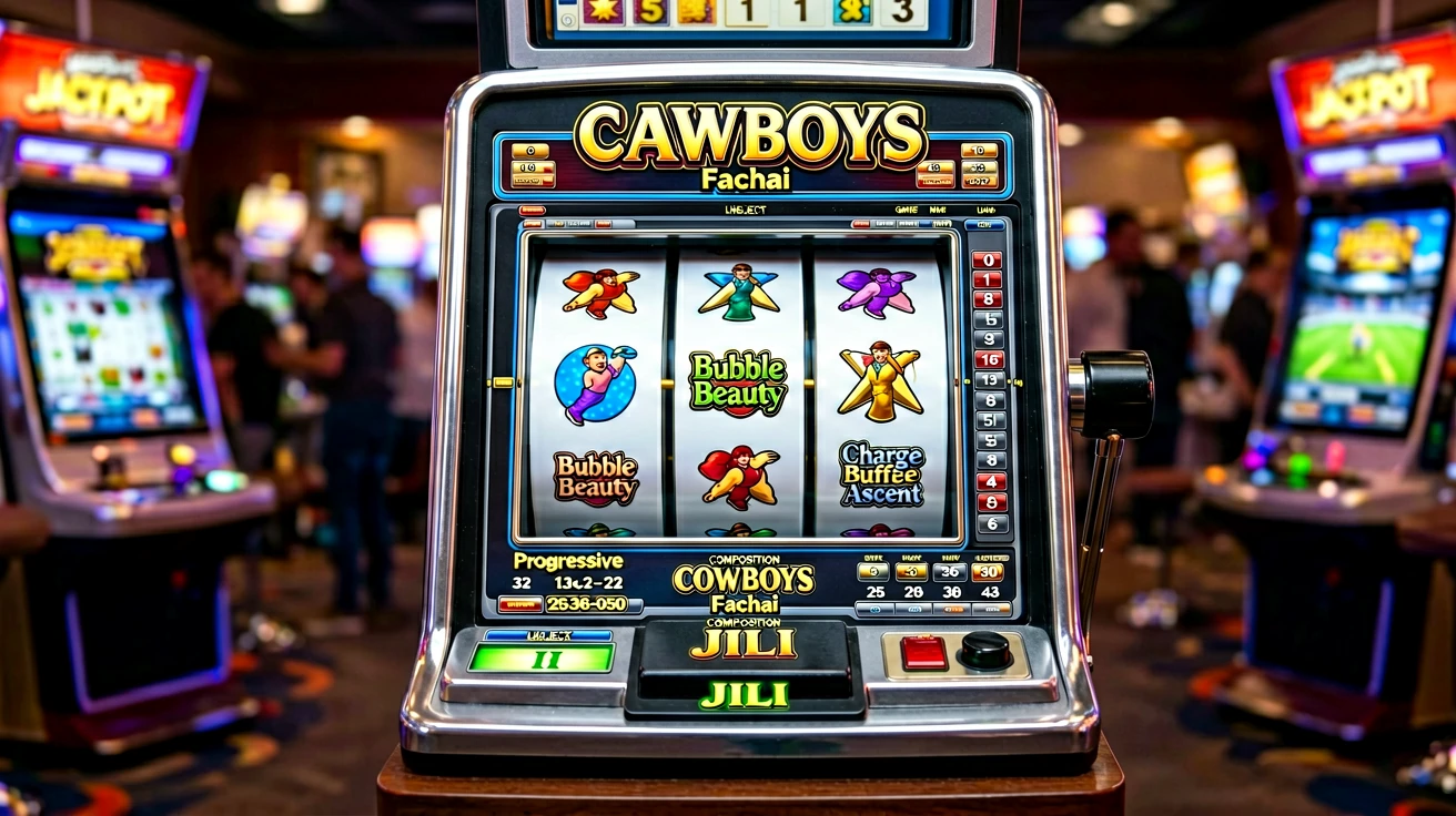 JACKPOT ဆိုင်းဘုတ်နှင့် Progressive meter ပါသော စလော့စက်၏ အနီးကပ်မြင်ကွင်း၊ နောက်ခံတွင် အခြားစလော့စက်များ