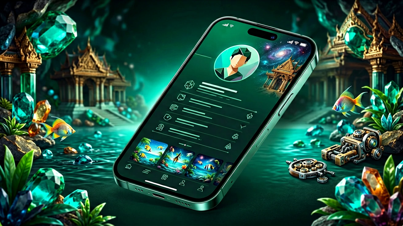 စမတ်ဖုန်းမျက်နှာပြင်ပေါ်ရှိ အကောင့်ပရိုဖိုင်စာမျက်နှာ၊ ဆက်တင်အတန်းများနှင့် အောက်တွင် ဂိမ်းစာကြည့်တိုက် အကျဉ်းချုပ်