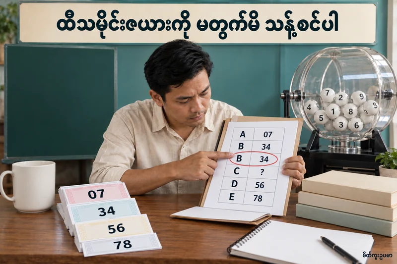 ထီသမိုင်းထဲတွင် ပွဲထပ်နှင့် ပျောက်နေသောရလဒ် ပါလျှင် နှုန်းကို ဘယ်လိုဖတ်မလဲ — စိတ်ကူးထီဆိုင်ရာ သရုပ်ဖော်ပုံ။