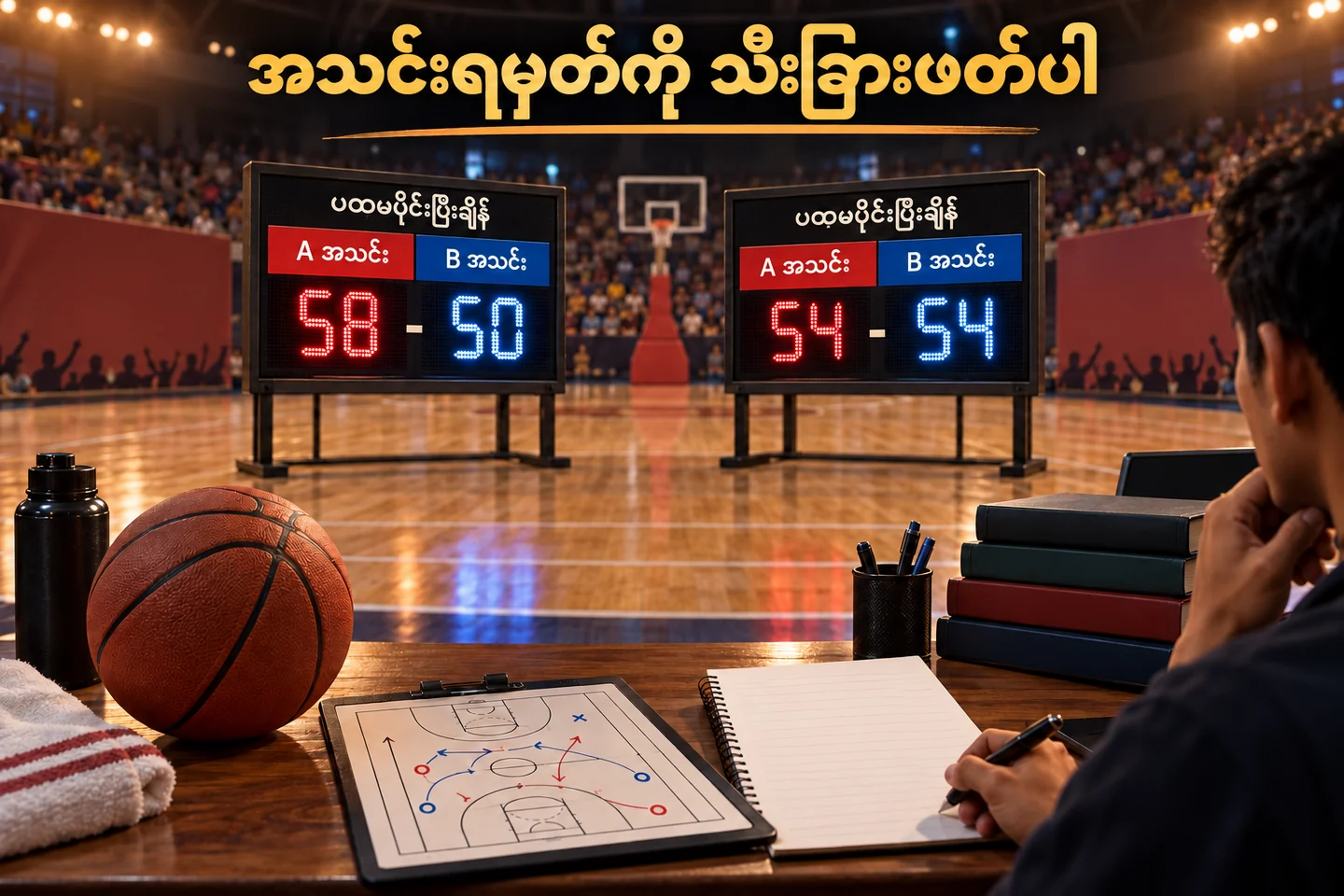 ဘတ်စကက်ဘောကွင်းနှင့် ပထမပိုင်း score နှစ်ခုကို သီးခြားပြထားပုံ