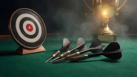 ဘောလုံးပုံစံ darts သုံးချောင်းသည် စားပွဲအစိမ်းပေါ်တွင် ရှိနေပြီး နောက်ခံတွင် ဆုဖလားနှင့် ဘုတ်ပုံကို မြင်ရသော စိတ်ကူးပုံ